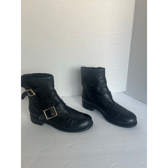 Jimmy Choo Black Soft Leather Fur Lined Low Heel Ankle Biker Moto Boots Sz 8 - Picture 2 of 14